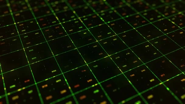 Details van een abstracte computer code creatie. Animaion. Veel gloeiende getallen binnen vierkanten van groene smalle lijnen veranderen op het zwarte scherm, naadloze lus. — Stockvideo