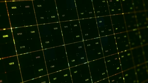 Uma grade de dados de números de streaming mudando na tela digital. Animação. Blocos de fluxo abstrato de conteúdo com dados numéricos variáveis, loop sem costura. — Vídeo de Stock