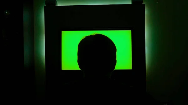 Rear view of man looking at green TV. Concept. Man was watching green-screen TV sitting in dark. Man turned off TV and went to sleep