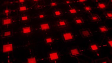 Anakart devrelerindeki işlemci ya da mikroçip ve elektronik sinyaller. Animasyon. Hareketli elektrik sinyalleri taşıyan soyut fütürist elektronik devre kartı.