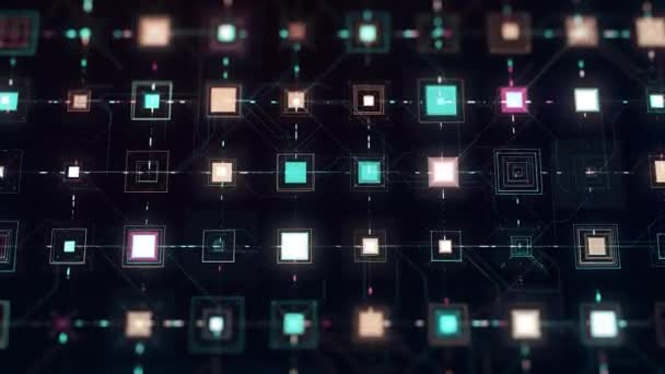 Data processing in circuit board abstract server. Animation. Data moves in the form of moving lines and squares on black background, seamless loop. — Stock Video