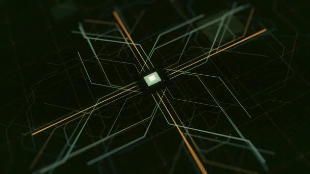 움직이는 전자가 있는 서킷 보드 , CPU 처리 데이터. 애니메이션. 컴퓨터 세부 사항의 추상적 인 시각화, 현대 기술의 개념. — 비디오