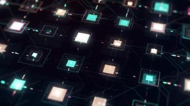 Devre kartı soyut sunucusunda veri işleme. Animasyon. Veri, siyah arkaplan üzerinde hareketli çizgiler ve kareler şeklinde hareket eder, pürüzsüz döngü.