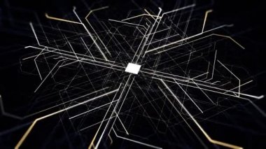 Hareket eden elektronları olan devre levhası, işlemci verileri işliyor. Animasyon. Bilgisayar detaylarının soyut görselleştirilmesi, modern teknolojiler kavramı.