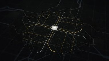 Yapay Zeka, bilgisayar teknolojisi konsepti. Animasyon. Siyah dijital ekranda görünen ve sinyal yayan soyut düğme.