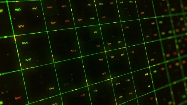 Detalles de una creación abstracta de código informático. Animaion. Muchos números brillantes dentro de cuadrados de líneas estrechas verdes que cambian en la pantalla negra, bucle sin costuras. — Vídeos de Stock