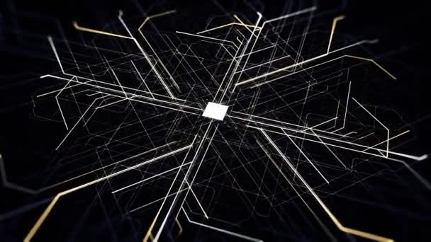 Scheda con elettroni in movimento, dati di elaborazione CPU. Animazione. Visualizzazione astratta dei dettagli del computer, concetto di tecnologie moderne. — Video Stock