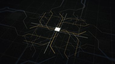 Yapay Zeka, bilgisayar teknolojisi konsepti. Animasyon. Siyah dijital ekranda görünen ve sinyal yayan soyut düğme.