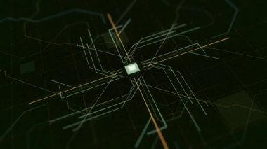 Yapay Zeka, bilgisayar teknolojisi konsepti. Animasyon. Siyah dijital ekranda görünen ve sinyal yayan soyut düğme.