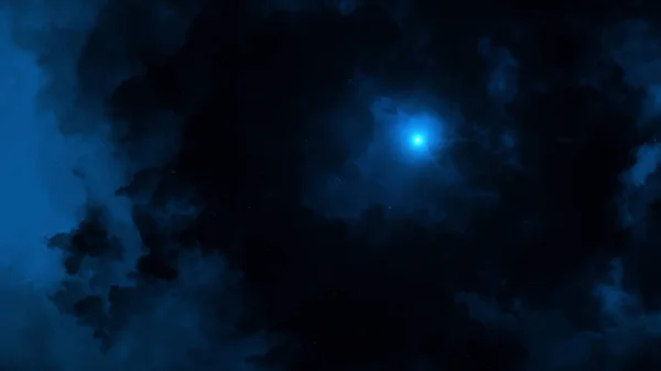 Vista inferior del aterrador cielo oscuro con nubes que fluyen y la luna brillante. Animación. Cielo frío azul oscuro abstracto por la noche con una hermosa estrella solitaria brillante. — Foto de Stock