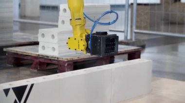 Endüstriyel robot sergisi. Medya. Otomatik inşaat için tuğla ustası robot, inşaat endüstrisinde robotik teknolojiler kavramı.