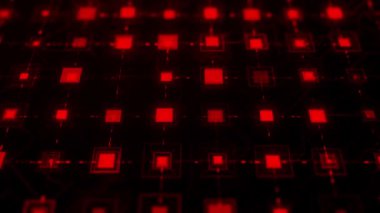 Anakart devrelerindeki işlemci ya da mikroçip ve elektronik sinyaller. Animasyon. Hareketli elektrik sinyalleri taşıyan soyut fütürist elektronik devre kartı.