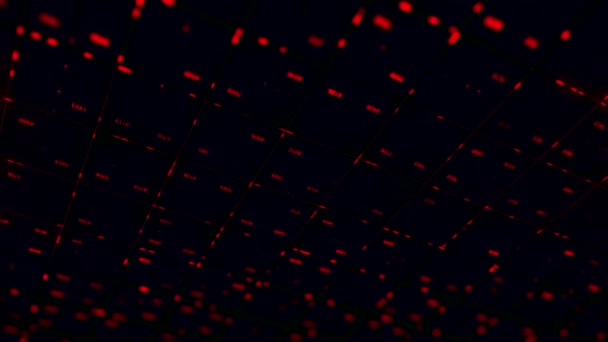 Astratto sfondo dati futuristici, codice variabile in colore rosso, movimento di elementi grafici. Animazione. Visualizzazione dell'intelligenza artificiale e delle tecnologie del futuro. — Video Stock