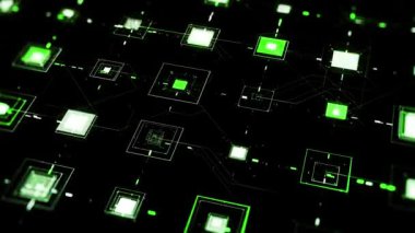 Siyah arkaplanda titreşimli kareleri olan bir ağ. Animasyon. Titreşen hücreleri birbirine bağlayan çizgiler boyunca sinyal ileten elektronik ağlı siber uzay