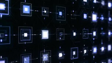Siyah arkaplanda titreşimli kareler. Animasyon. Elektronik kareler siyah arkaplanda birbirine bağlı çizgilerle titreşir. Ağ ve titreşimli neon hücreli siber alan
