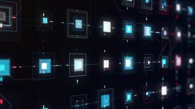 Bir bilgisayarın makro elektronik parçası, soyut teknolojik arka plan. Animasyon. Sanal yapay zeka, dar çizgilerle birbirine bağlı renkli figürler..