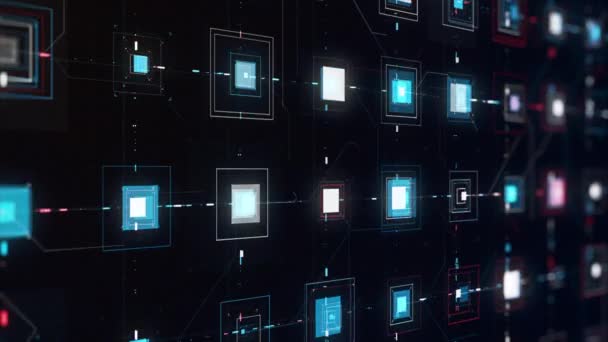 Bagian elektronik makro dari komputer, latar belakang teknologi abstrak. Animasi. Kecerdasan buatan virtual, deretan gambar bergerak berwarna-warni yang dihubungkan oleh garis sempit. — Stok Video