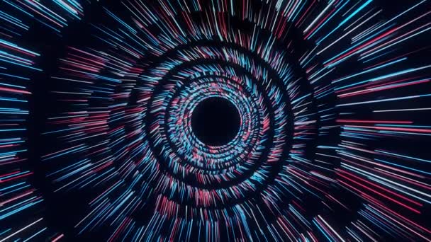 Abstract vortex of blue and red circles spinning on black background, seamless loop. Animation. Big and small rotating circles of narrow lines forming a funnel. — Stock Video