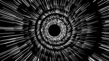 Siyah zemin üzerinde dönen soyut hipnotik beyaz spiral, kusursuz döngü. Animasyon. Dar beyaz çizgili dönen halkalarla tek renkli desen.