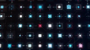 Dijital veri transferinin soyut süreci. Animasyon. Fütürist devre kartı, sanal bilgisayar ve yapay zeka kavramı, kusursuz döngü.
