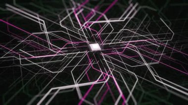 Devre kartlı teknoloji arka planı, dijital işlemci. Animasyon. Gelecekteki tahta çipinde renkli veri iletimi, sanal bilgisayar animasyonu.