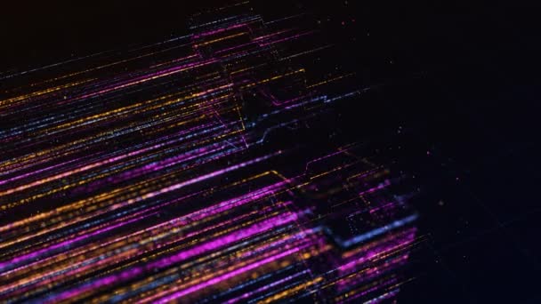 Tecnología abstracta y antecedentes científicos con rayos de energía. Animación. Coloridas líneas brillantes de pequeñas partículas volando sobre fondo negro, lazo sin costuras. — Vídeos de Stock