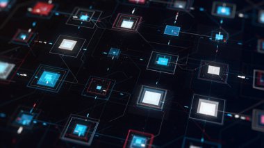 Siyah arka planda hızla akan birçok sinyali olan yüksek teknoloji bilgisayar devre kartı. Animasyon. Animasyon. Renkli kare şekilli titreşimli detaylara sahip soyut mikro devre.