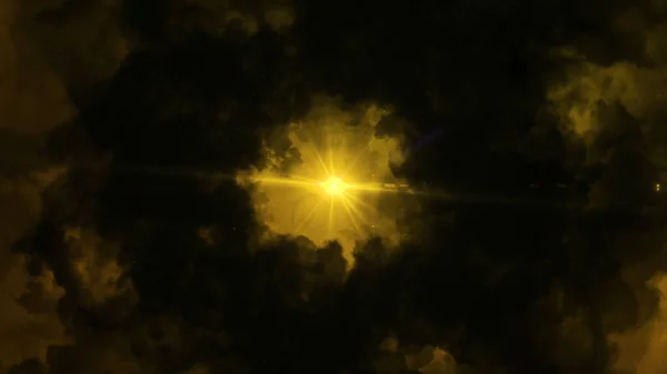 Dramático escuro brilhante nuvens fofas voando em torno de estrela brilhante solitário. Animação. Abstrato belo céu de cor amarela escura, visão inferior da natureza abstrata à noite. — Fotografia de Stock