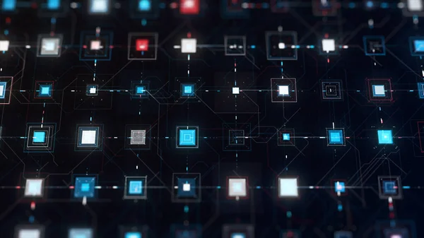 Abstract process of digital data transmission. Animation. Futuristic circuit board, virtual computer and artificial intelligence concept, seamless loop.