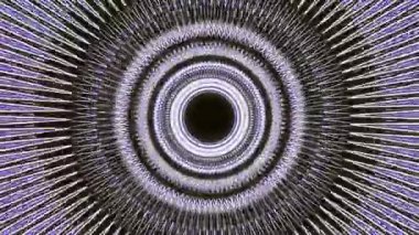 Parlak halkalı soyut koridor, uzaydaki bir uzay gemisinin içini görmek. Animasyon. Yanıp sönen daireler siyah arkaplanda bir huni oluşturuyor, kusursuz döngü..