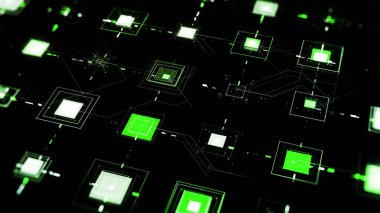 Siyah arkaplanda titreşimli kareler. Animasyon. Elektronik kareler siyah arkaplanda birbirine bağlı çizgilerle titreşir. Ağ ve titreşimli neon hücreli siber alan