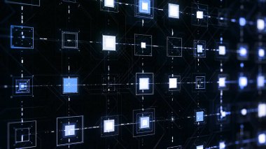 Siyah arkaplanda titreşimli kareler. Animasyon. Elektronik kareler siyah arkaplanda birbirine bağlı çizgilerle titreşir. Ağ ve titreşimli neon hücreli siber alan