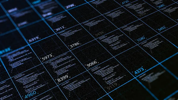 Πίνακας με δεδομένα κώδικα υπολογιστή. Κινούμενα σχέδια. Ενημερωτικός πίνακας υπολογιστικών κωδικών και αριθμητικών αποτελεσμάτων σε κύτταρα. Κωδικοί υπολογιστών σε κελιά για υπολογισμό — Φωτογραφία Αρχείου