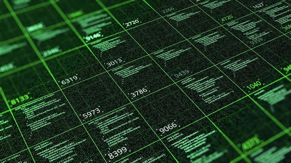 Table with computer calculations. Animation. Computational computer codes with numerical results in cells. Structured table with matrix-style calculations