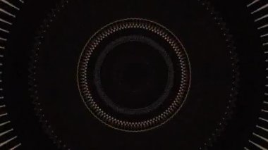 Parlak, yanıp sönen halkaları ve kusursuz döngüsü olan soyut bir koridor. Medya. Parlak daireler siyah arkaplanda bir huni oluşturuyor, kusursuz döngü.