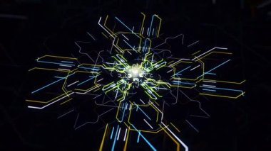 Enerji neon hatlarının patlaması. Animasyon. Neon hatları patlıyor ve ana kart kalıbı oluşturuyor. Çizgiler bilgisayar deseninde hareket eder