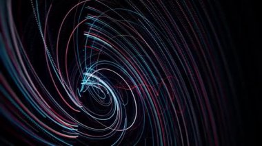 Siyah arka planda dönen neon çizgileri. Animasyon. Neon spiral girdabın etkisi. Neon çizgileri spiral içinde hareket ederek tekno girdap oluşturur