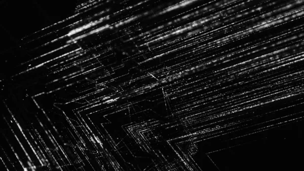 Angle of shining lines. Animation. Two streams of shining lines collide in corner on black background. Hyperspace streams of shining lines form angle