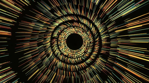 Rotating tunnel with shining lines on black background. Animation. Shining rings of strokes rotate to form passageway. Cosmic wormhole with shining rings