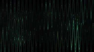 Soyut dalga çizgileri siyah arka planda hareket eder ve parlar. Animasyon. Ayna gibi yansıtıcı etkisi olan titreşimli dalga çizgileri. Güzel dalgalı çizgiler hareket ettikçe parlıyor