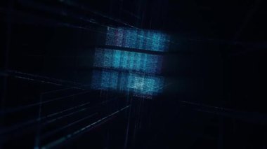 Neon çizgilerindeki küpün dijital 3 boyutlu yansıması. Animasyon. Lazer hatları kesişir ve siber uzayda proje küpü oluşturur. Siyah dijital arkaplanda lazer çizgilerinin kübü projeksiyonu