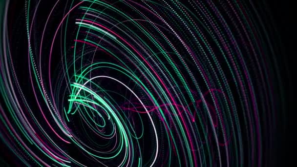 Neon lines swirling in swirl on black background. Animation. Effect of neon spiral vortex. Neon lines move in spiral creating techno vortex — Stock Video