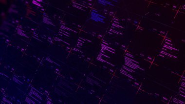 Siyah renkli ekranda gelecekçi dijital veri kodu. Animasyon. Soyut yüksek teknolojili dijital arkaplan bilgi transferini, kusursuz döngüyü temsil ediyor.