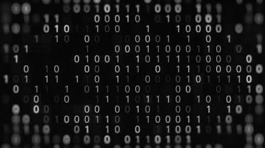 Siyah beyaz arka plan, kod sıfır ve bir. Animasyon. Siyah arkaplanda ikili kod. İkili kod sisteminde hata. İkili kod kullanarak programlama