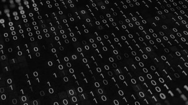 Siyah beyaz arka plan, kod sıfır ve bir. Animasyon. Siyah arkaplanda ikili kod. İkili kod sisteminde hata. İkili kod kullanarak programlama