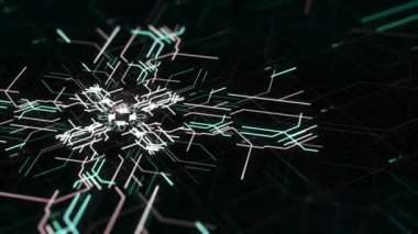 Hareket eden çizgileri ve enerjisi olan kurşun ekranın soyut teknoloji arka planı. Animasyon. Elektrik sinyalli devre levhası siyah arkaplanda farklı yönlere doğru hızla akıyor.