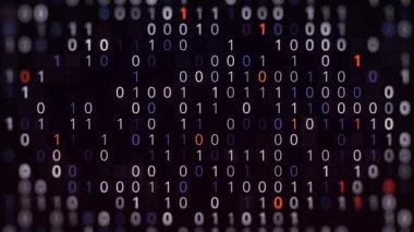 İkili kodlu bilgisayar arkaplanı. Animasyon. İkili kodlu yazılımın sanal alanı. İkili kodlu çok renkli bir arkaplan. Sıfır ve bir çiftlerinin çokluğu