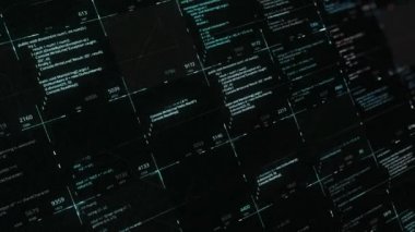 Siber saldırının soyut süreci, dijital suç kavramı. Animasyon. Siyah arkaplan üzerine kendi başına yazılan programlama kodu, kusursuz döngü, yapay zeka.