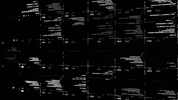 Λευκοί ψηφιακοί κωδικοί σε κελιά με αριθμούς σε μαύρο φόντο. Κινούμενα σχέδια. Πολλά μεταβαλλόμενα δεδομένα που κινούνται σε μια οθόνη μηχανής, αδιάλειπτη βρόχο, μονόχρωμη. — Φωτογραφία Αρχείου