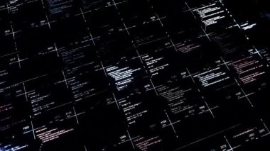 Siber suçlar devam ediyor ve kod bilgileri çalınıyor. Animasyon. Siyah ekranda hareket eden rakamlar ve veriler, teknoloji konsepti, kod programlama.